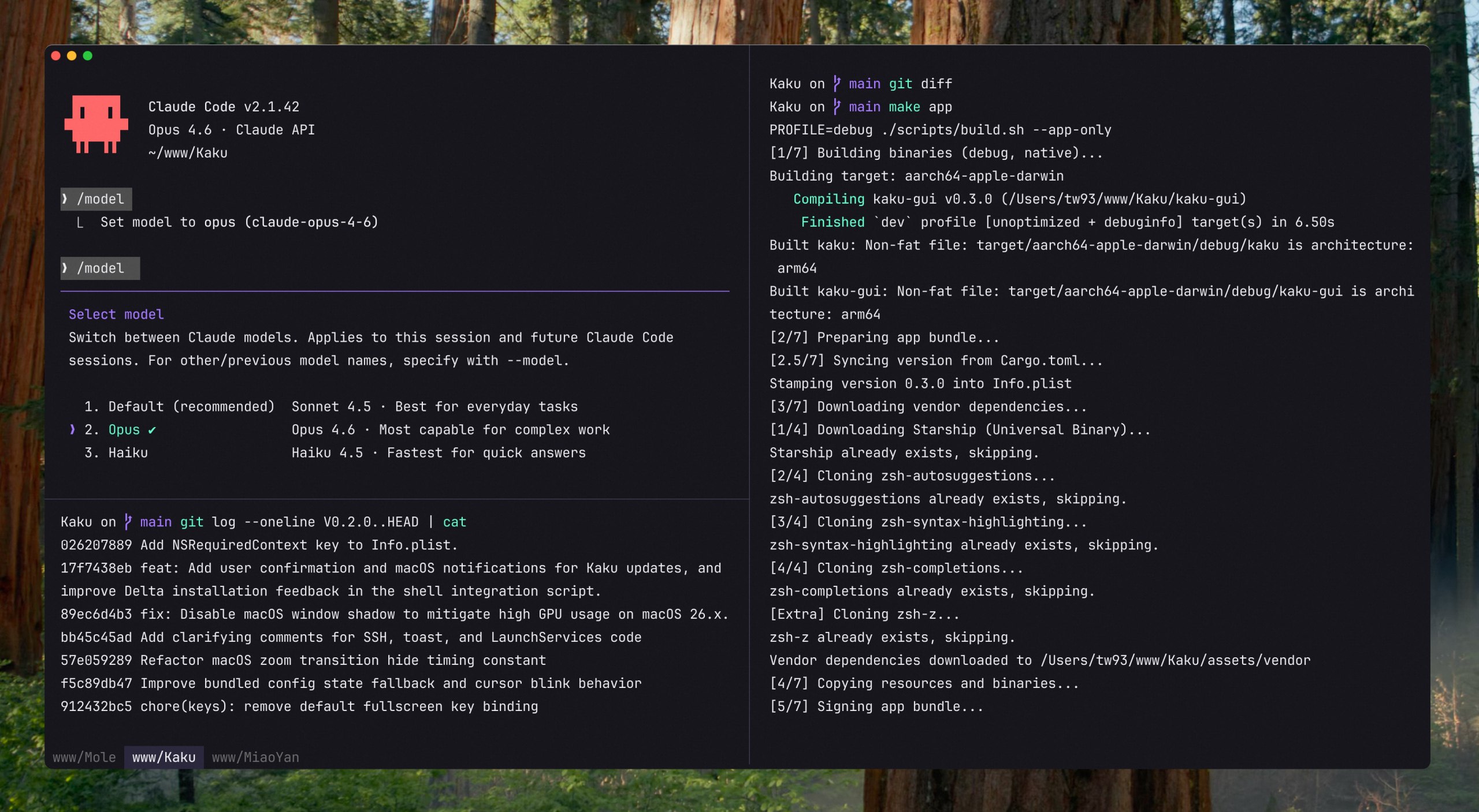 Kaku terminal default UI: a terminal built for AI Coding, install-and-go, light/dark mode follows the system