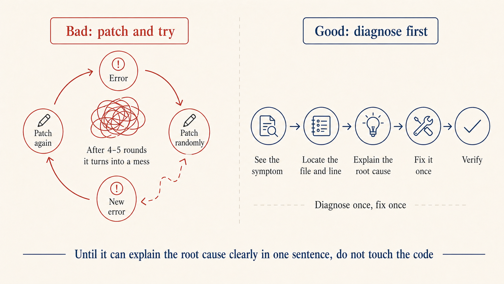 The try-this-try-that loop: error → patch → new error → patch again, vs the direct path of nailing the root cause first then fixing once